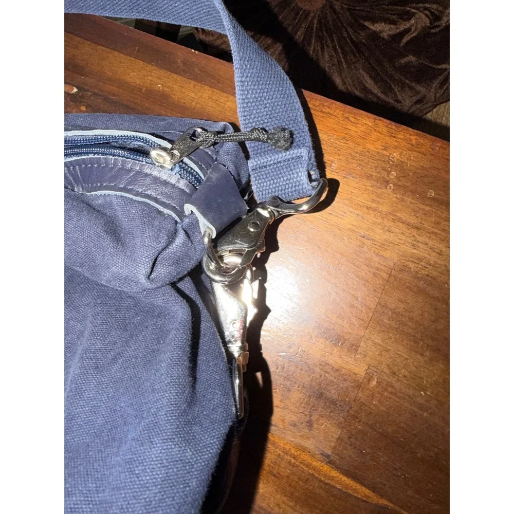 Goldman Sachs Navy Blue Canvas Duffel Bag Leather Trim Travel Weekend Gym Bag